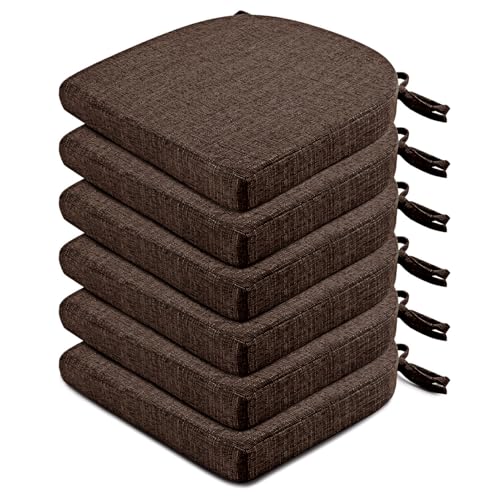 Image of Wellsin Chair Cushions for Dining Chairs 6 Pack - Kitchen Chair Cushions with Ties and Non-Slip Backing - Dining Chair Pads 16 inchX16 inchX2 inch, Brown
