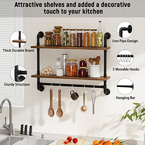 Armocity Industrial Pipe Shelving, 2 Tier Floating Shelves Iron Pipe Shelves With Towel Bar, Wood Bathroom Shelves Wall Mounted Pipe Wall Shelf With Hooks For Bedroom, Bathroom, Living Room, Rustic #TOP3
