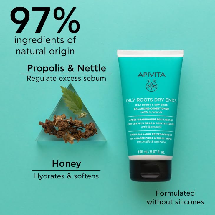 Apivita Oily Roots & Dry Ends Balancing Conditioner | Balances, Hydrates & Moisturizes Hair with Nettle & Propolis - Image 2