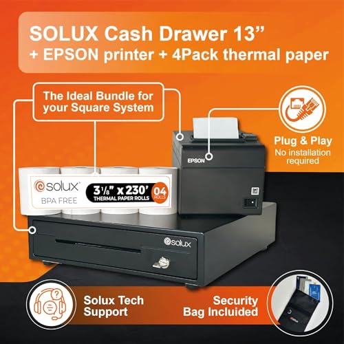 Solux SX-CD-TM-EP-20 Pos Hardware Bundle For Square System - 13 Inch Square Cash Drawer - Square Thermal Receipt Printer- Square Pos Systems For Small Business - Cash Register thumb #3