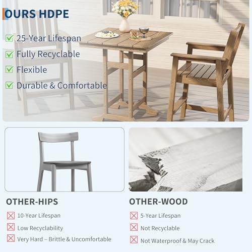 GarveeLife Outdoor Counter Height Bar Dining Table, HDPE Wood Grain Tall Bar Table – 39.6" High Square Pub Table, Cocktail Bistro Table Fits, for Patio, Garden, Poolside, Balcony & Yard (Brown) by GarveeLife - Image 8