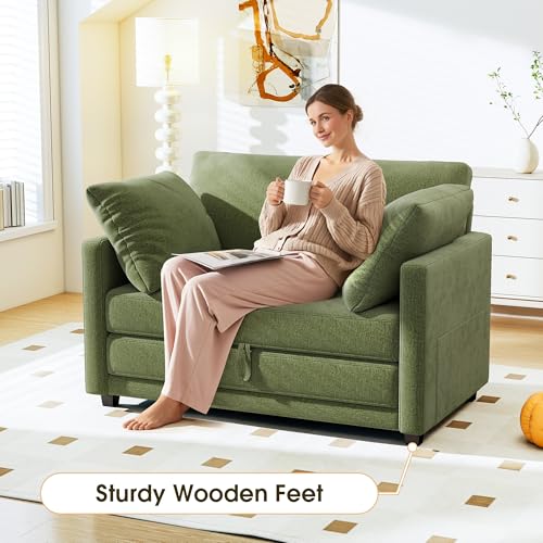 51" Convertible Loveseat Sofa Bed, 2 in1 Folding Sofa Bed, Loveseat Sleeper Sofa for Small Spaces, Fold Out Floor Couch with 2 Pillows for Apartment, Living Room & Guest Room, Green Chenille Fabric - Image 5