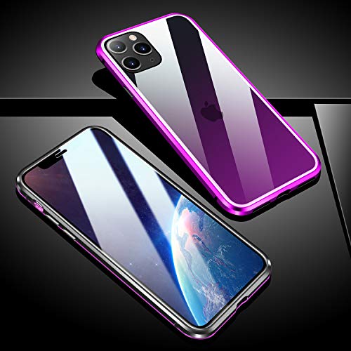 Zhike Iphone 11 Case, Magnetic Metal Frame Front And Back Tempered Glass Full Screen Coverage One-Piece Flip Gradient Color Cover Anti-Slip Design [Support Wireless Charging] [Purple-Black] #TOP6