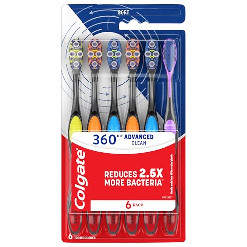 Colgate 360 Advanced Clean Adult Soft Toothbrush Pack, 6 Soft Bristled Toothbrushes with Cheek and Tongue Cleaner, Helps Clean Your Teeth, Tongue, Cheeks, and Gums, 6 Pack