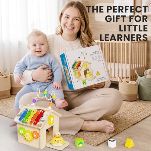 9-in-1 Wooden Activity Cube, Montessori Baby Activity Center Toys for 1+ Year Old Boys & Girls, Farm Theme Baby Cube with Car Toys & Shape Sorter, Educational Toy for Toddlers, Ideal Baby Gifts - Image 8