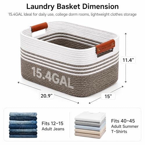 Image of Cotton Rope Laundry Basket Medium, 15.4GAL Collapsible Woven Storage Baskets for Living Room Kids Toys Stuffed Animal,Boho Rectangular Decorative Short Hamper for Dirty Clothes, Blankets Dark Brown