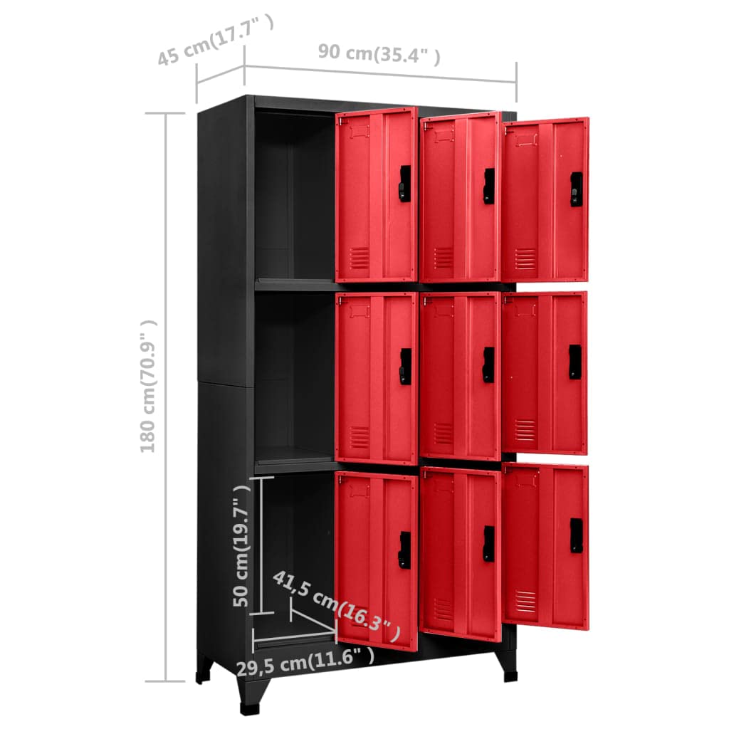 Armadietto in metallo a 9 ante per impieghi gravosi, 90 x 45 x 180 cm, in acciaio, con ventilazione, ideale per ufficio e scuola, design industriale.