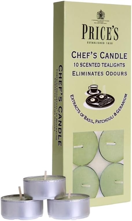 Price's - Chef's Tealights - 10 Pack - Odour Eliminating Tealights - Made with Basil, Patchouli and Geranium Extracts - Clean, Fresh, Quality Fragrance - Long Lasting Scent