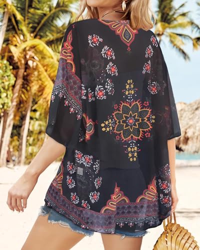 Image of Women's Floral Print Puff Sleeve Kimono Cardigan Loose Cover Up Casual Blouse Tops 2026