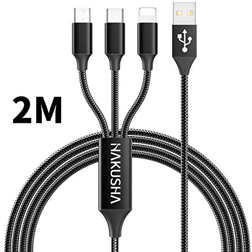HAKUSHA 3 en 1 Multi Cable de Carga, 2M Nylon Multi USB Cargador Cable Múltiples Micro USB Tipo C para Android Samsung Galaxy S9/ S8/ S7/ A5, Huawei P20, Honor, Kindle, LG, Sony