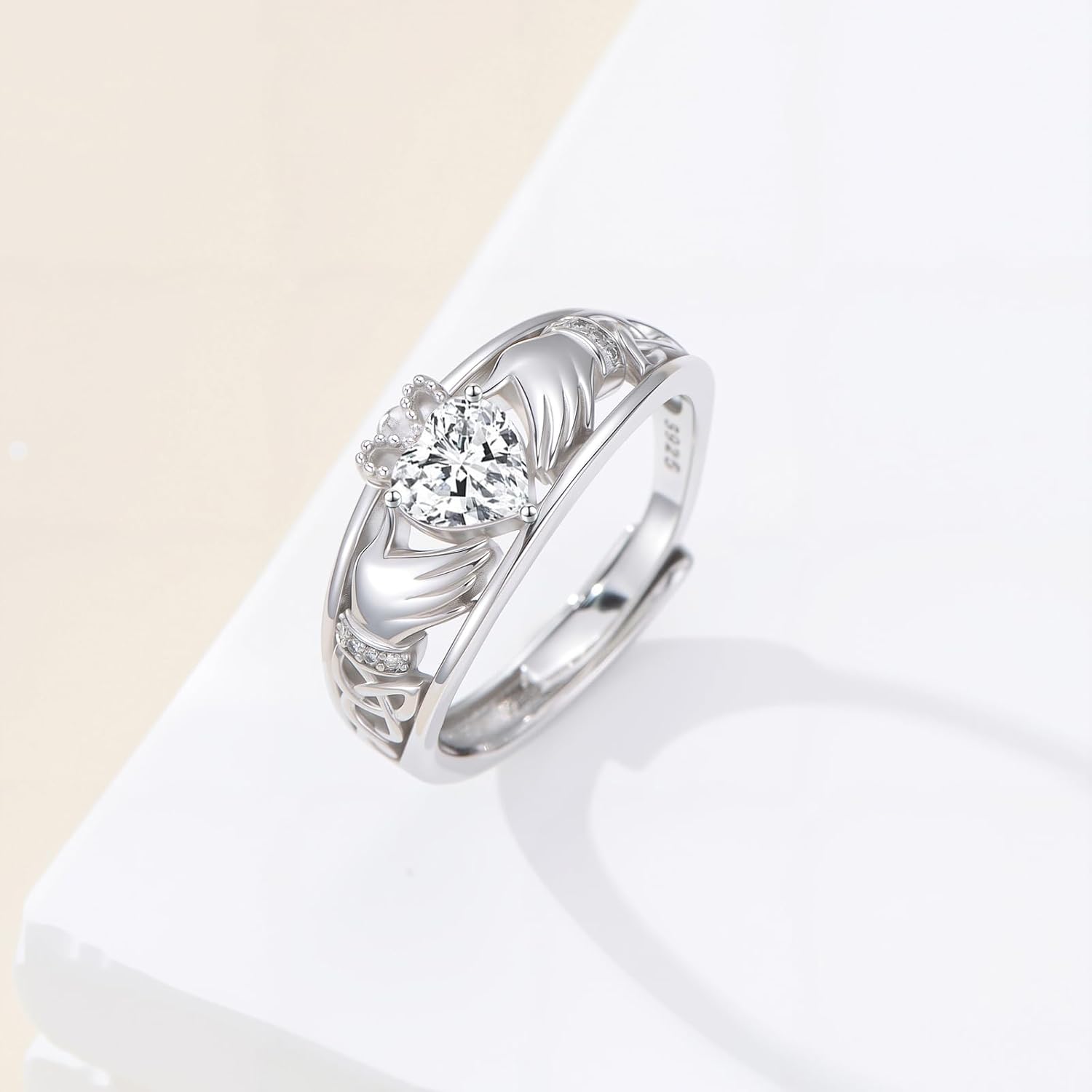 Diamond and Gemstone Claddagh Ring for Women 925 Sterling Silver Celtic Knot Heart Birthstone Rings Irish Engagement Wedding Promise Band, Adjustable Size 7