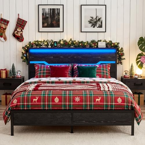 Homkdom Queen Bed Frame with LED Lights & Charging Station, Bed Frame Queen Size with Headboard,13