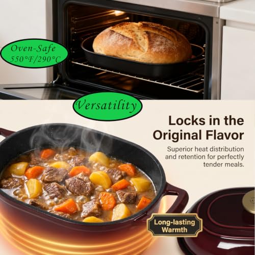 Image of La Cuisine Enameled Cast Iron Bread Loaf Dutch Oven Oblong for Sourdough Crusty Bread & High‑Heat Baking. Oven-Safe 550F /287C Matte Black Enamel Interior, 5.5 QT, Cranberry