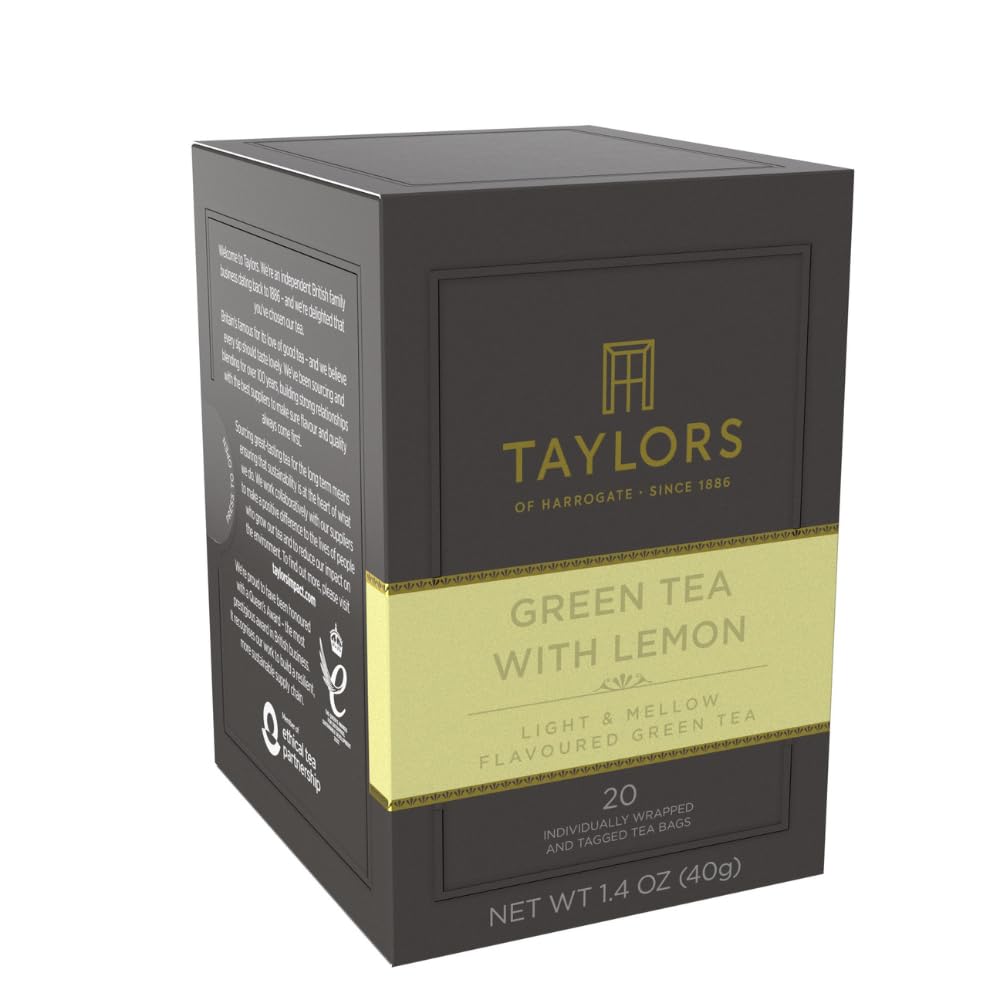 Taylors of Harrogate Green Tea with Lemon, Individually Wrapped Bags, 20 Count (Pack of 6), Citrussy, Mellow and Light, Caffeinated, Enjoy Hot or Iced, 120 Teabags Total