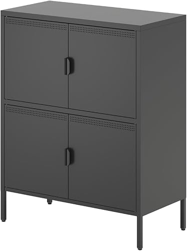 Armario de almacenamiento de metal con 4 puertas y estantes ajustables, aparador, armarios de almacenamiento de acero para oficina, garaje, sala de