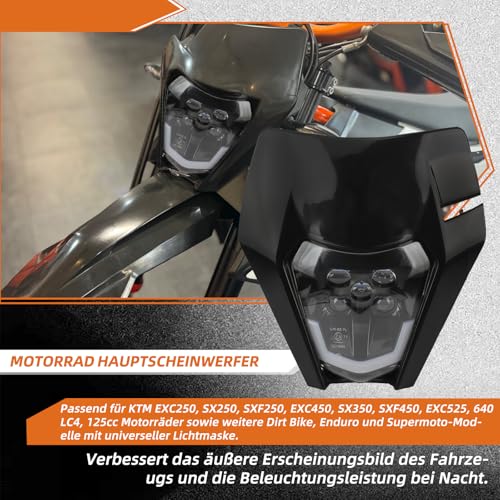 CeyKvo Motorrad Scheinwerfer LED Hauptlicht für KTM EXC250 SX250 SXF250 EXC450 SX350 SXF450 EXC525 640LC4 125cc Enduro Supermoto Offroad Dirt Bike (Schwarz)