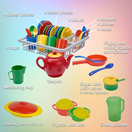 IQ Toys 40 Piece Play Dishes Set Pretend Play Childrens Unbreakable Toy Dish Set and Cookware Accessories for Toddlers Kitchen, Durable Playset with Plates, Cutlery, Drainer, and More