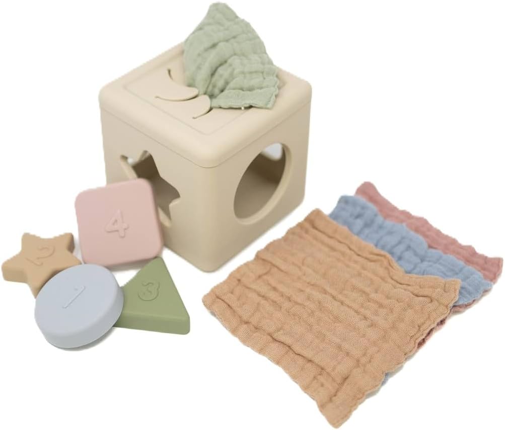 BROOKLYNNEUTRAL Silicone Shape Sorter & Tissue Box Toy with Organic Muslin Cloths - Montessori Toys for 1 Year Old Babies Development