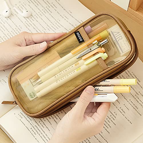 Easthill Grid Mesh Pen Pencil Case With Zipper Clear Makeup Color Pouch Cosmetics Bag Multi-Purpose Travel School Teen Girls Transparent Stationary Bag Office Organizer Box For Adluts(Khaki) #TOP1