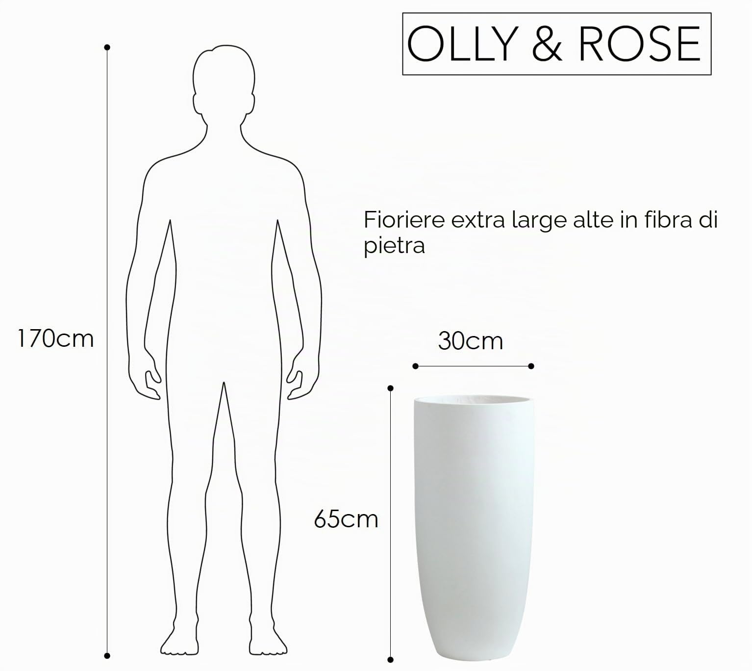 Olly & Rose Vaso alto in fibra bianco opaco, altezza 65 cm, diametro 30 cm, vasi grandi per piante e vasi da fiori per giardino e casa