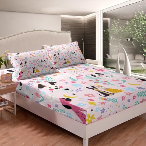 Homemissing Juego de sábanas bajeras con diseño de perrito, para decoración de habitación de niños y niñas, diseño de amapola, adorable animal, tamaño King, funda de cama con bolsillo profundo (sin