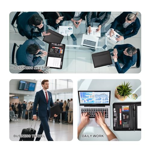 Image of Eshow Padfolio for Men Women, Leather Portfolio with Zipper - Professional Interview Resume Organizer with Card Holder, Writing Pad & File Folders for Business, Lawyer, Student