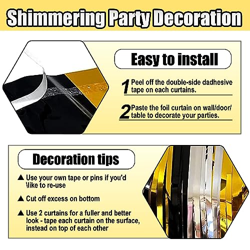 Image of 6 Pack Black Gold Silver Foil Fringe Curtain Backdrop, 3.28Ft x 8.2Ft Metallic Tinsel Foil Fringe Streamer Curtains for Photo Booth, Christmas Day, Thanksgiving, Wedding, New Year Party Decorations