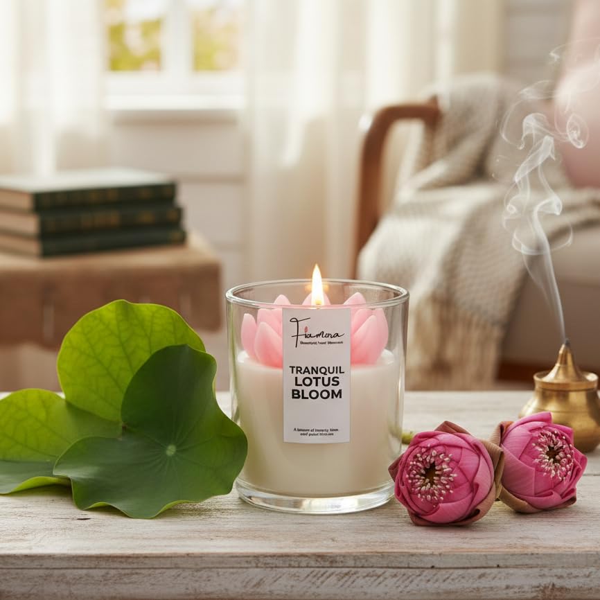 Image of Serene Pink Lotus Pond Scented Jar Candle | 200gm Soy Wax with Pink Lotus Flower Topper | Tranquil Rose Fragrance | Unique Christmas Gift, Home Decor for Peace & Meditation