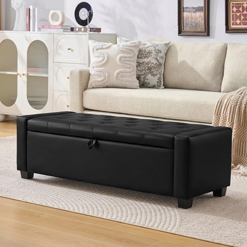 Image of Huatean Home 48 inch Ottoman with Storage, Storage Ottoman Bench with Safety Hinge, Upholstered Entryway Bench with Seating for Bedroom, Living Room, Holds up to 330 lb, Light Black