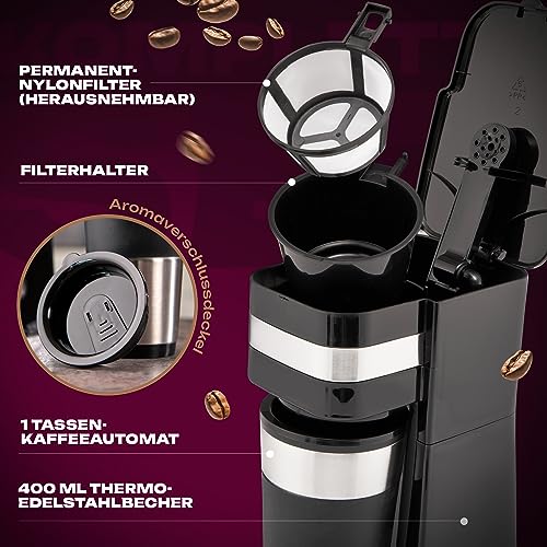 Foto von Clatronic Kaffeemaschine | Kaffee To Go Becher 400 ml | für alle gängigen Getränkehalter (z.B. Auto) | Filterkaffeemaschine | Permanent-Nylon-Filter | Edelstahlbecher mit Aromadeckel | KA 3733