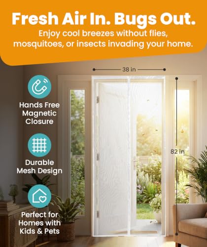 Image of Flux Phenom Magnetic Screen Door (White) - Bugs Out, Breeze in - 9min Install Auto-Sealing Heavy Duty Double Stitched Mesh, 52 Magnets, Hands Free Patio Doors Net, Pet & Kid Friendly, 38 x 82 Inch