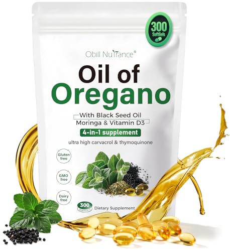 Oil of Oregano Capsules, 4-in-1 Organic Oil of Oregano with Black Seed Oil, Moringa & Vitamin D3 Softgels for Immune Support, Carvacrol & Thymoquinone, Non-GMO, 300 Softgels- 150 Days Supply
