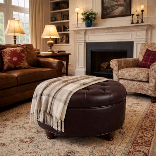 Image of HomePop 25 inch Button Tufted Round Storage Ottoman - Distressed Brown Faux Leather