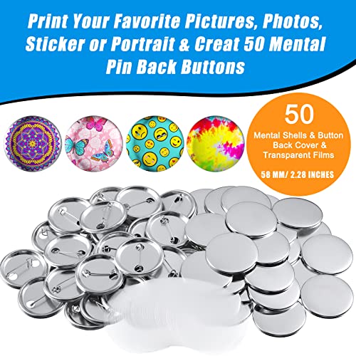 150 Pcs Round Button Parts Blank Button Making Supplies Metal Button Badge Sets For Button Maker Machine, Include Metal Shells Metal Back Cover Clear Film Components (Silver, 58 Mm/ 2.28 Inch) #TOP3