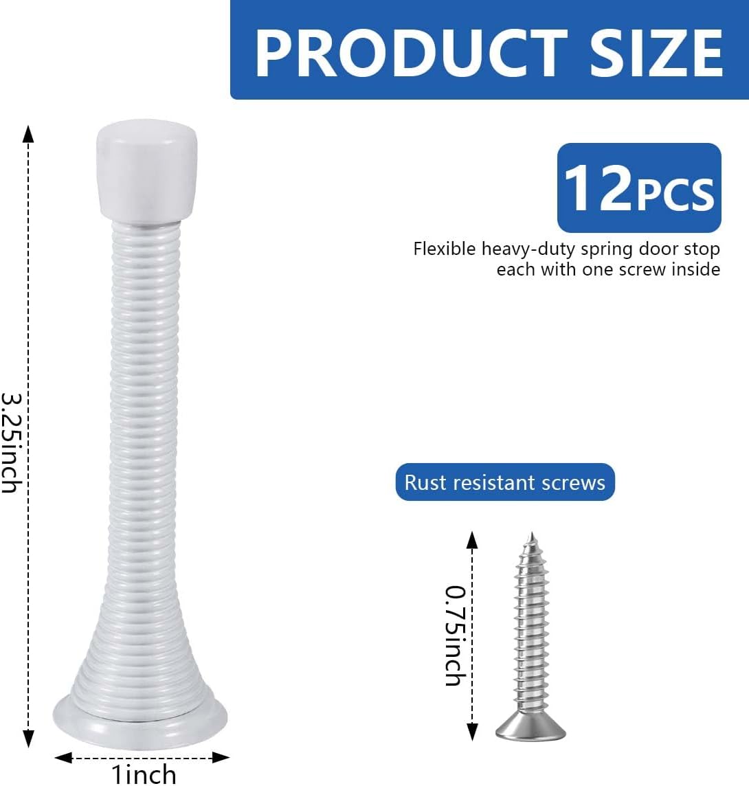 KISEER 12 Pack Spring Door Stops 3 1/4 Inch Flexible Heavy Duty Spring Door Stopper with RustProof Screw Rubber Bumper Tips (White) image 2