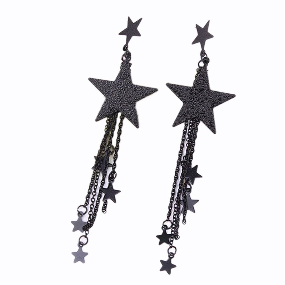 HEART SPEAKER Ear Studs Fashion Big Five-Pointed Star Long Tassel Chain Dangle Earrings Jewelry Gift Black