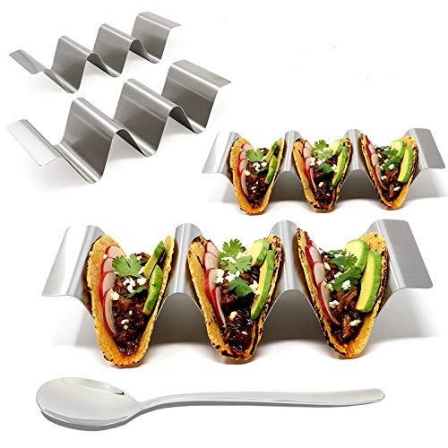 Taco Holder, Taco Holders Stainless Steel Set of 4 - Taco Stand -Taco Plates Holds UP to 3 Taco - Easy to Hold Handle and Clean Dishwasher, Oven and Grill Safe for Taco Tuesday Dinner Party