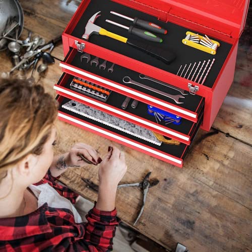 Ironmax Portable Tool Box, Lockable Steel Tool Chest Cabinet W/ 3 Drawers & Top Tray, 3-Drawer Toolbox For Household, Warehouse, Repair Shop, Red #TOP6