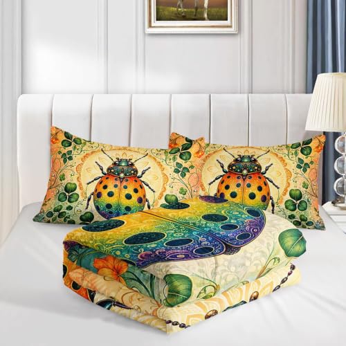 Image of AILONEN Queen Comforter Set 3 Piece, Rainbow Ladybug Clover Garden 3D Printed Bedding with 2 Pillowcases, Soft Lightweight Microfiber Nature Decor for Master Suite