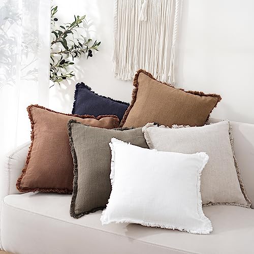 Image of Foindtower Set of 2 Decorative Linen Fringe Throw Pillow Covers Cozy Boho Farmhouse Cushion Cover with Tassels Soft Accent Pillowcase for Couch Sofa Bed Living Room Home Decor, 24x24 Inch, Khaki Brown