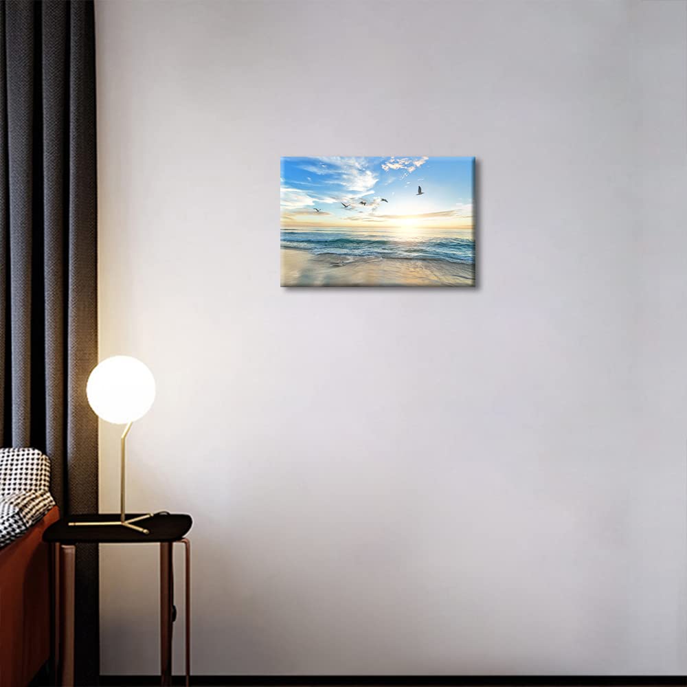 Framed Wall Art Canvas Ocean Decor Beach Bedroom Sunset Ocean Seagulls for Interior Bathroom Wall Décor Scenery Bed Dining Room Decorative 8x12inch (20x30cm), Seaside-02 — view 4
