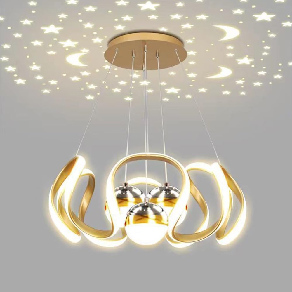 Mengjay Modern LED Ceiling Pendant Light,Star Projector Ceiling Lamp,Kitchen Island Pendant Light,3 Color temperatures,Height Adjustable Hanging Lights for Bars Cafes Restaurants (Gold(3 Balls))