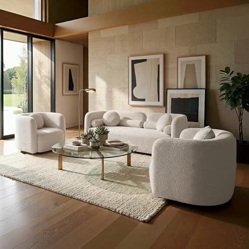 Image of 2026 New White Boucle Sofa Set, 3-Piece Living Room Seating Set - 3 Seater Sofa + 2 Single Chairs, Solid Wood Frame Modern Couches with Pillows
