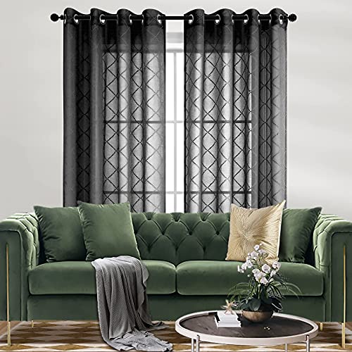 Koufall Black Curtains 63 Inch Length For Bedroom 2 Panels Set Sheer Grommet Window Geometric Lace Curtains Aesthetic Diamond Room Decor For Teen Girls Living Area #TOP3
