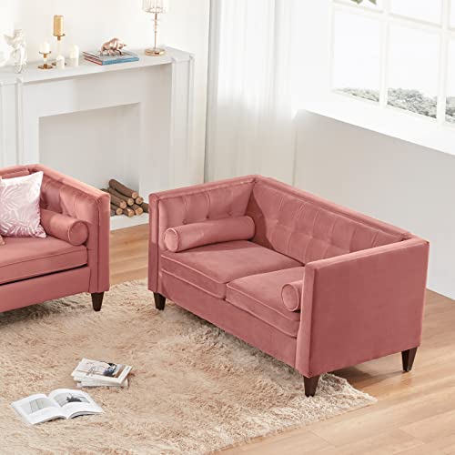 Dreamsir 58'' W Velvet Sofa, Mid-Century Love Seats Sofa Furniture With Bolster Pillows, Button Tufted Couch For Living Room, Tool-Free Assembly (Loveseat, Pink) #TOP6