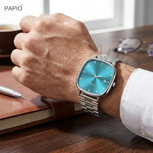 Image of PAPIO Analog Quartz Watch with Date Display | Silver Stainless Steel Strap | Square Dial Formal & Casual Wrist Watch for Men