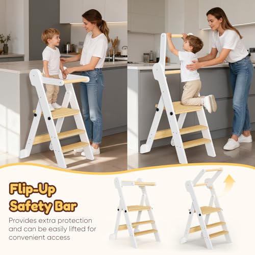 Miniatura 6 de Niktulo Torre De Aprendizaje Plegable Con Bolsa De Malla,Escalón Para Niños Ajustable En Altura De 2 Escalones,Torre Multiusos Para Niños Fácil De Montar