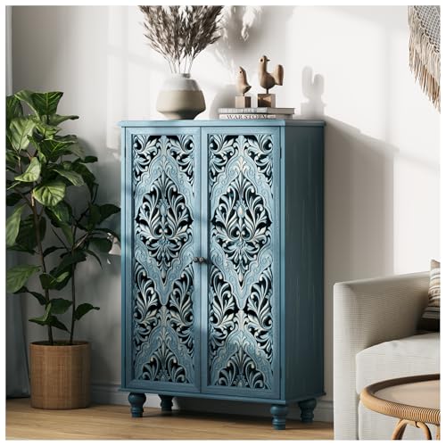 Image of Tall Accent Cabinet with Doors, 47 inch Decorative Storage Cabinet with Solid Wood Legs, Farmhouse Sideboard Buffet for Living Room, Entryway, Blue
