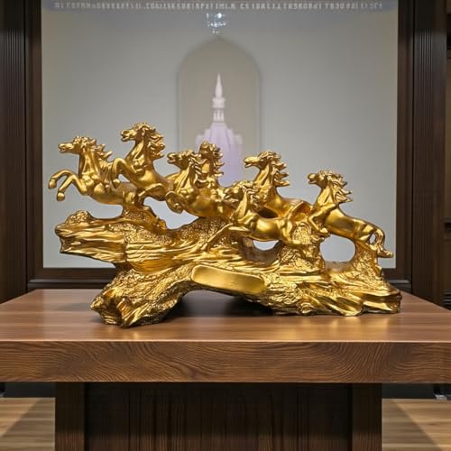 Image of 7 Running Horses | Vastu, Feng Shui Statue for Good Luck Wealth Health Happiness White Horses with Golden Touch | Home Decor Gift for Home, Office, Resin (L-17, H-10 Inch) (Yellow-Golden)