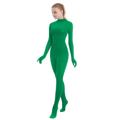 SUPRNOWA Full Body Unitard Turtleneck Spandex Footed/Footless Long Sleeve Unisex - Medium - Green (Footed With Hands)